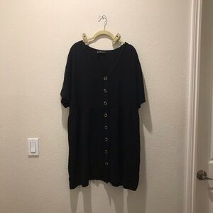 Black Button-Front V-Neck Short Sleeve Dress